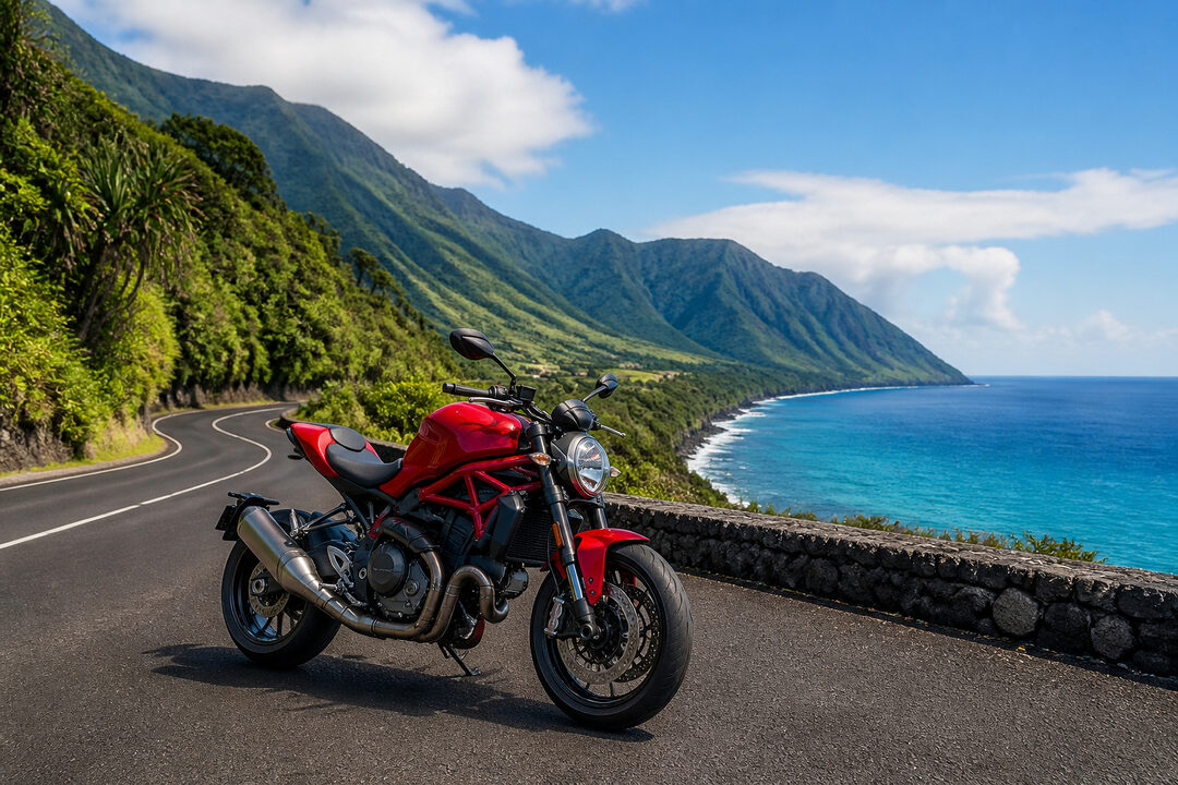 Ducati rouge sur route cotiere a la reunion