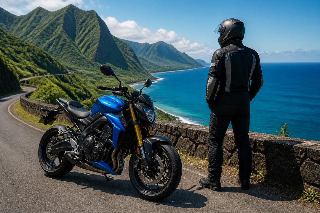 Moto bleue sur route cotiere spectaculaire