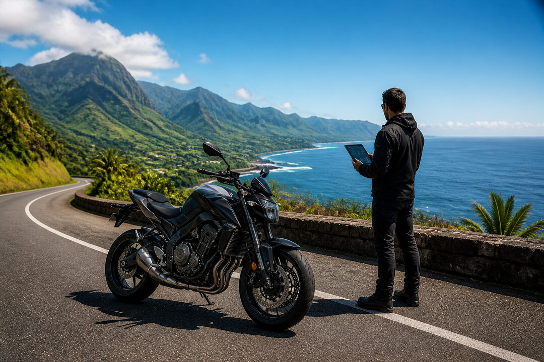 Moto sur route cotiere tropicale