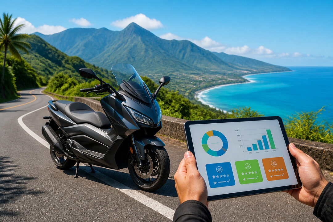 Scooter tablette et paysage tropical