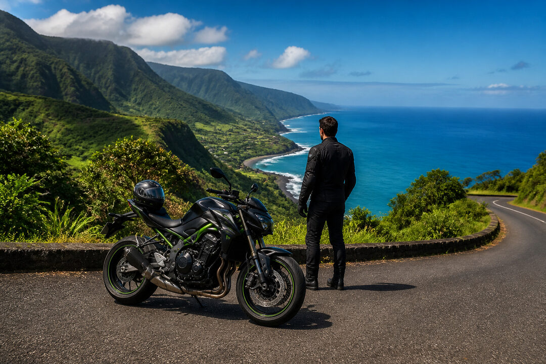Moto sur la cote volcanique de la reunion