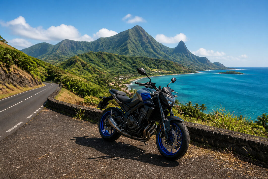 Moto bleue sur route cotiere tropicale