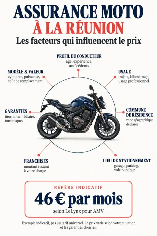Infographie sur le prix assurance moto verte réunion et les facteurs qui influencent le devis