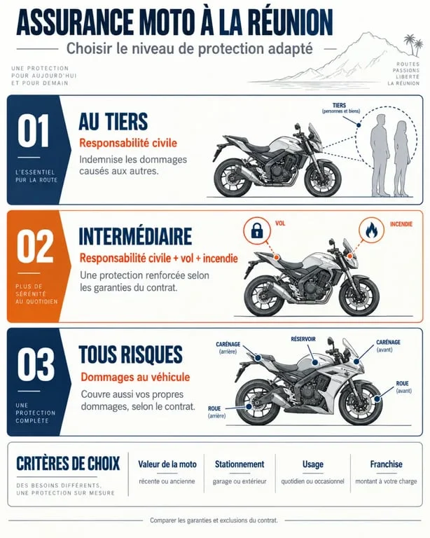 Infographie sur l’assurance moto souscription rapide 974 et les niveaux de garantie au tiers, intermédiaire et tous risques