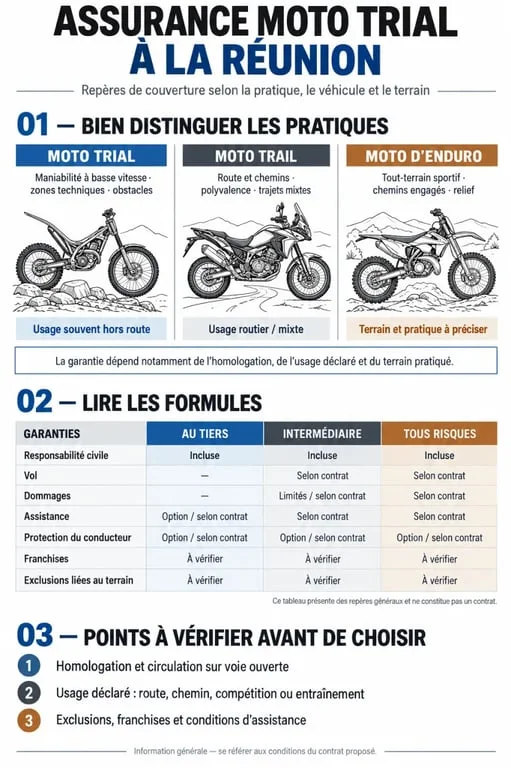 Infographie sur le tarif d’une assurance moto trial à La Réunion et les garanties à comparer