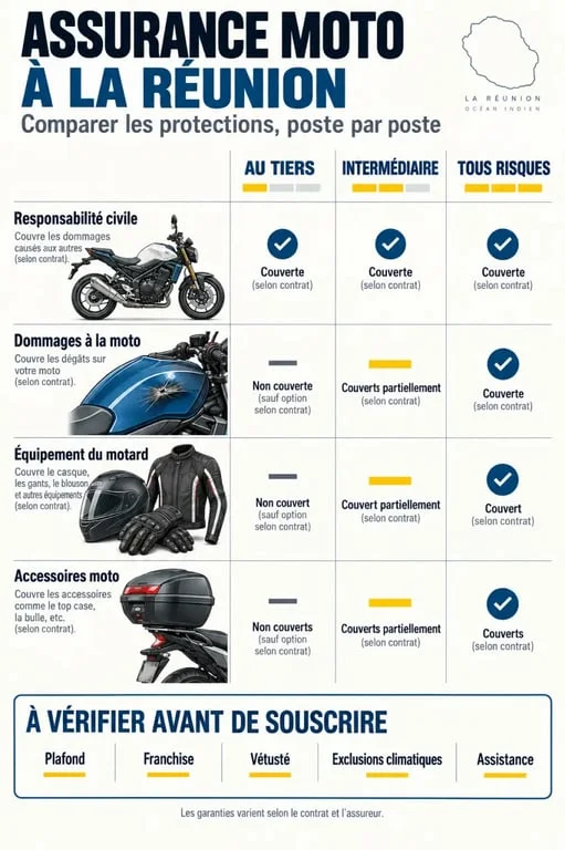 Infographie sur le tarif d’une assurance moto à La Réunion avec équipement inclus, plafonds et franchises