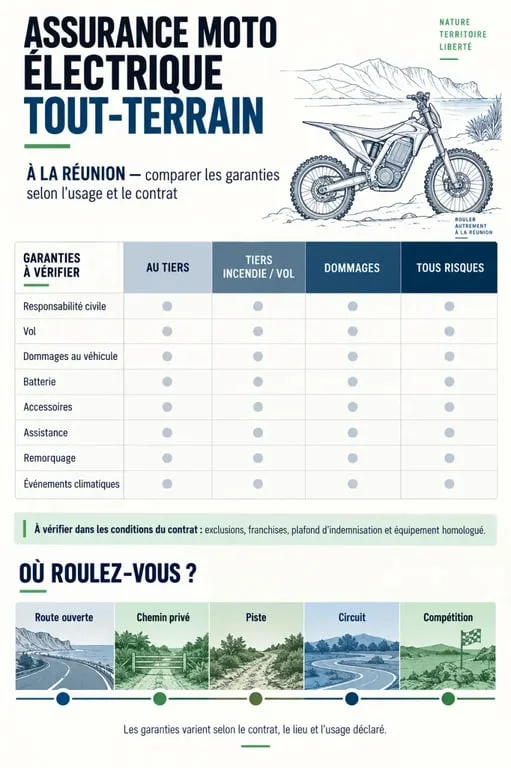 Infographie sur l’assurance moto électrique tout-terrain à La Réunion et les garanties à vérifier