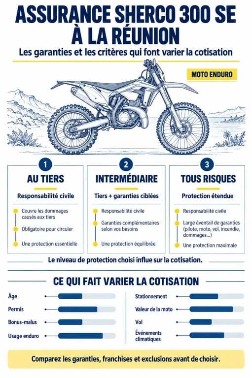 Infographie sur le prix d’une assurance Sherco 300 SE à La Réunion et les garanties selon la formule