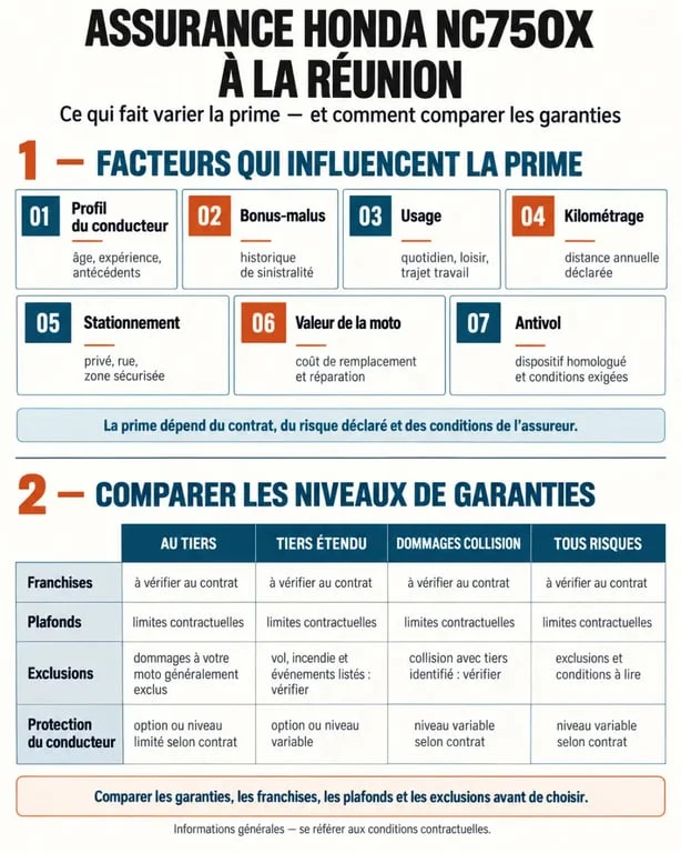 Infographie sur le prix assurance Honda NC750X Réunion et les facteurs qui influencent le tarif
