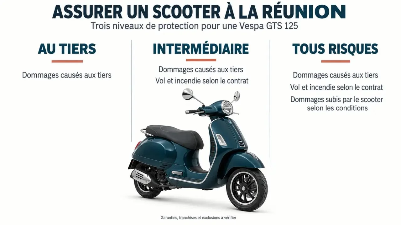 Prix assurance Vespa GTS 125 à La Réunion : comparaison visuelle des formules au tiers, intermédiaire et tous risques