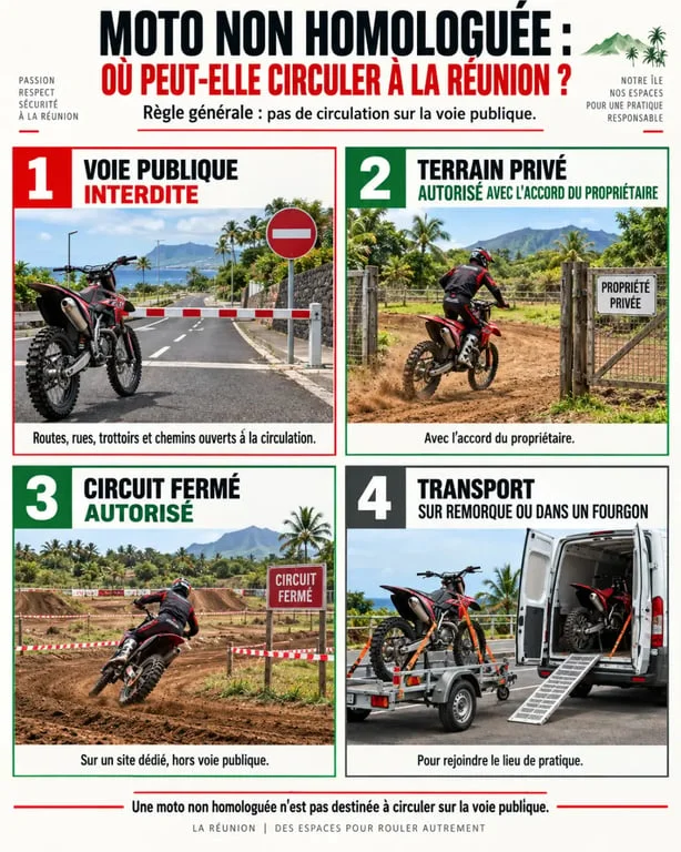 Infographie sur l’assurance moto non homologuée Réunion et les lieux où circuler