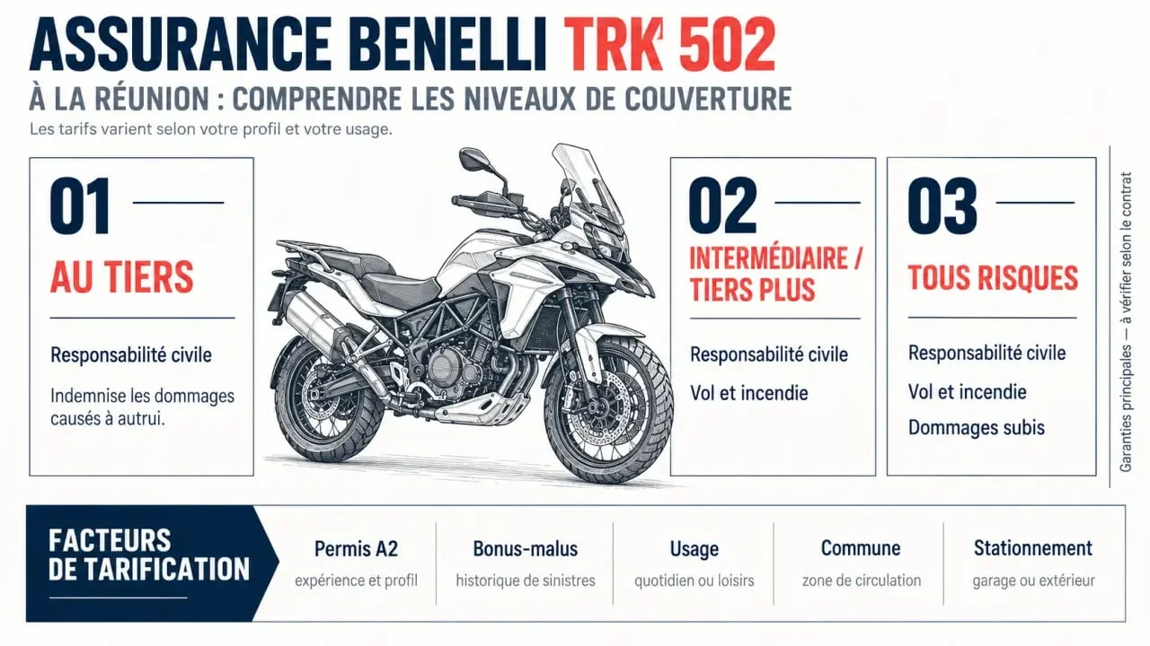 Infographie sur le prix d'une assurance Benelli TRK 502 à La Réunion et les niveaux de couverture
