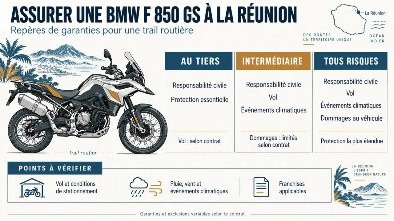 Infographie comparative d’un devis assurance BMW F 850 GS à La Réunion selon les formules au tiers, intermédiaire et tous risques