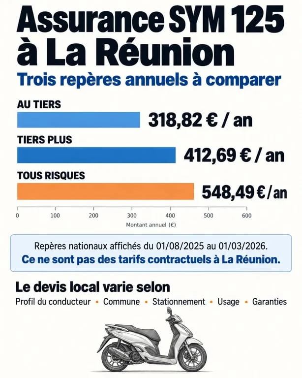Prix assurance SYM 125 à La Réunion : comparaison des formules au tiers, tiers plus et tous risques