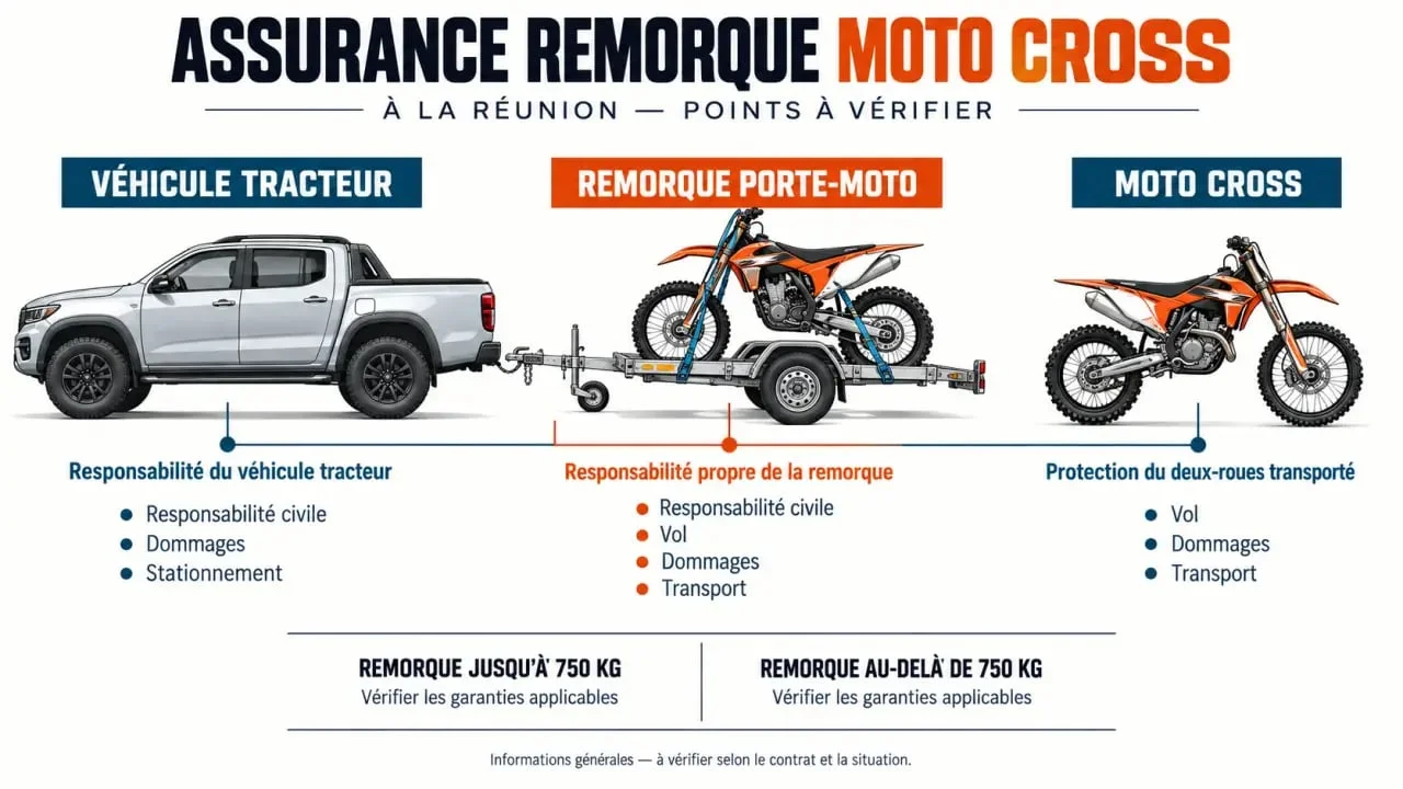 Infographie sur l’assurance remorque moto cross à La Réunion et les protections du véhicule, de la remorque et de la moto