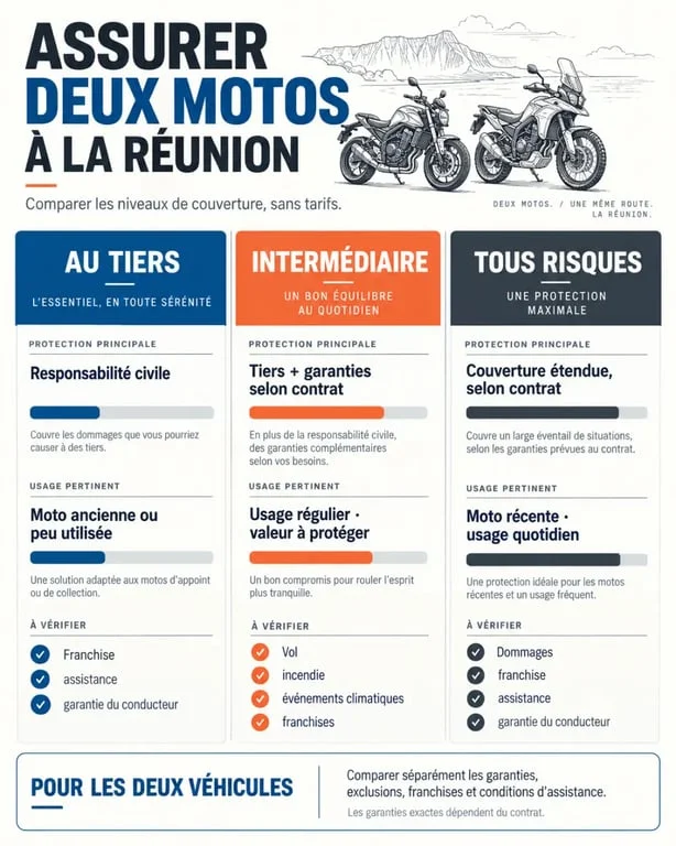 Infographie sur l’assurance moto 2 véhicules à La Réunion et les niveaux de couverture