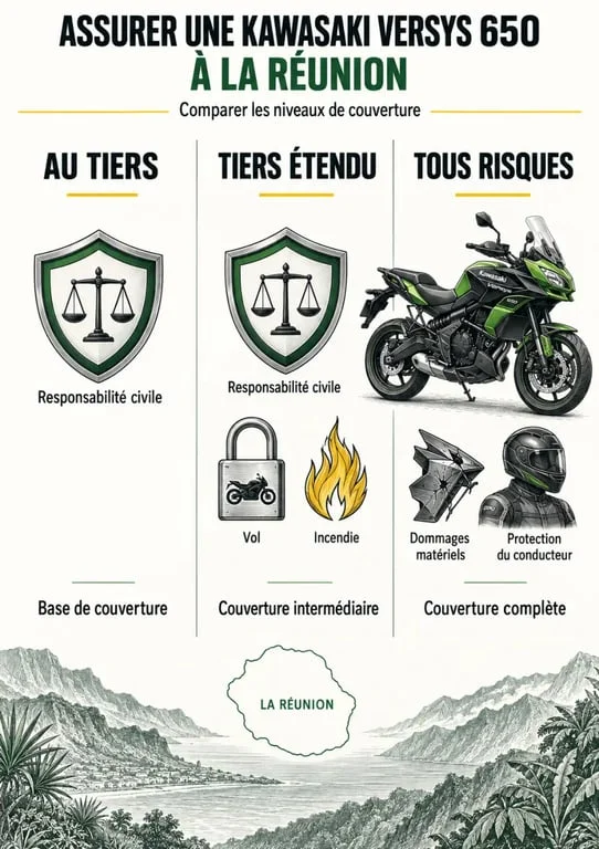 Comparatif visuel pour un devis assurance Kawasaki Versys 650 à La Réunion selon le niveau de garanties