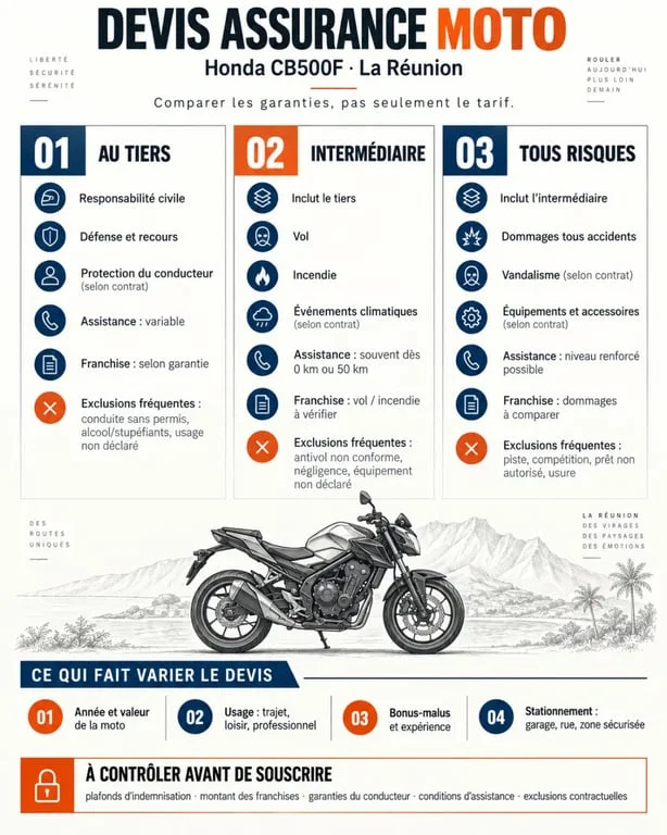 Infographie sur le devis assurance Honda CB500F à La Réunion et les formules au tiers, intermédiaire et tous risques