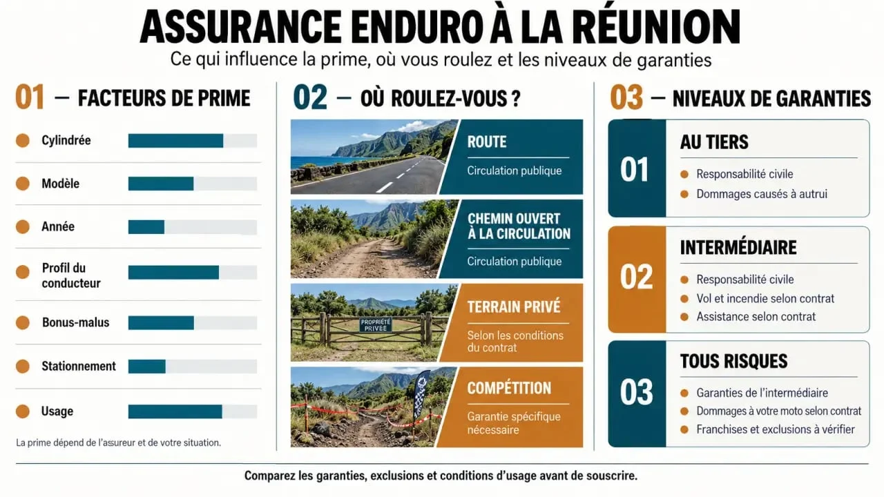 Infographie sur le prix d’une assurance enduro à La Réunion et les garanties selon l’usage