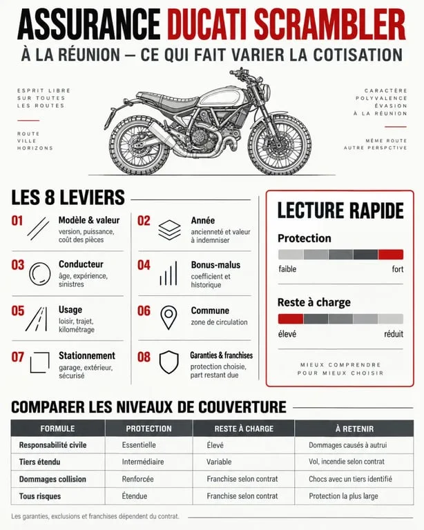 Infographie sur le prix d'une assurance Ducati Scrambler à La Réunion et les niveaux de garanties