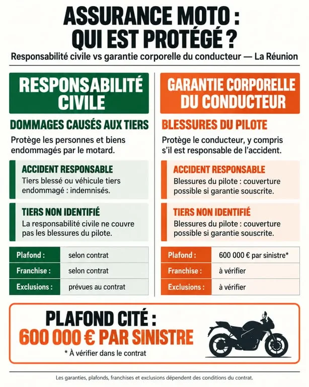 Infographie sur l’assurance moto verte avec garantie corporelle du conducteur à La Réunion