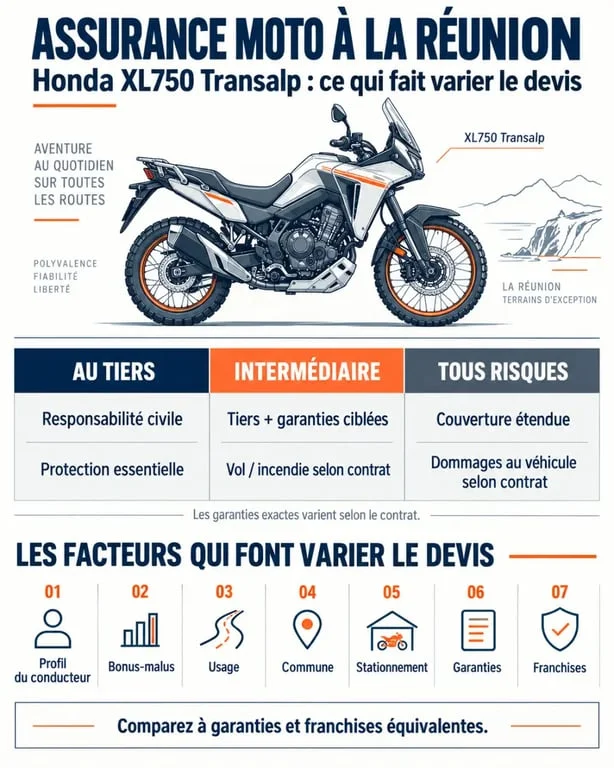 Infographie sur le prix assurance Transalp 750 à La Réunion et les différences entre les formules