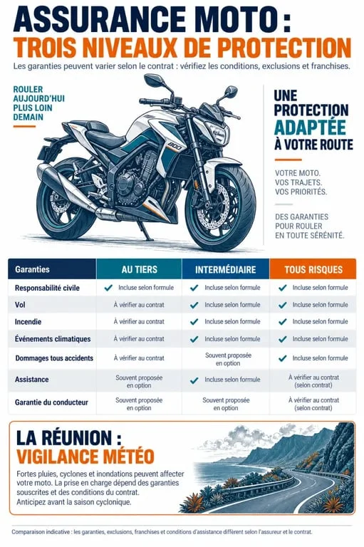Assurance moto sortie club réunion : garanties au tiers, intermédiaire et tous risques face aux risques climatiques
