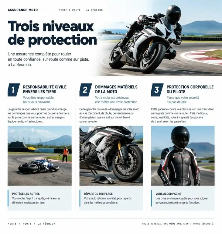 Infographie sur l'assurance moto piste et route à La Réunion : responsabilité civile, dommages matériels et protection du pilote