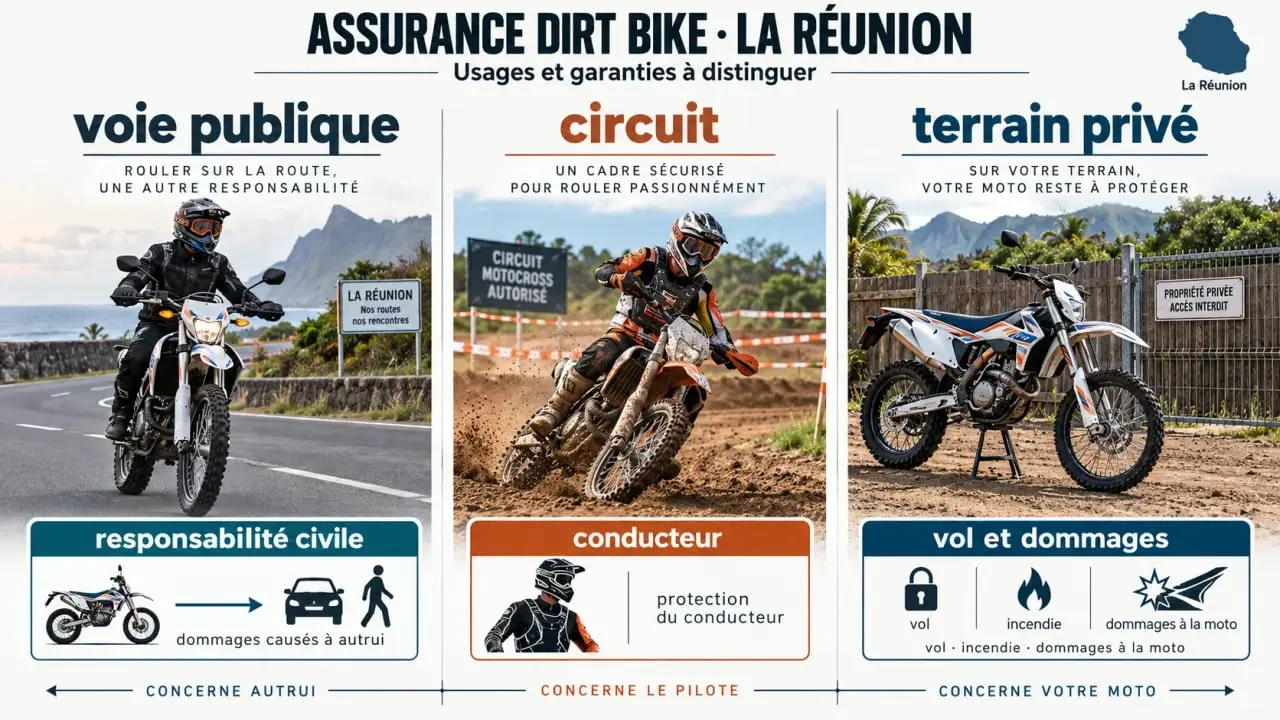 Assurance dirt bike à La Réunion : distinctions entre voie publique, circuit et terrain privé