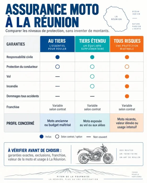 Infographie sur l’assurance moto La Réunion comparant les formules au tiers, tiers étendu et tous risques