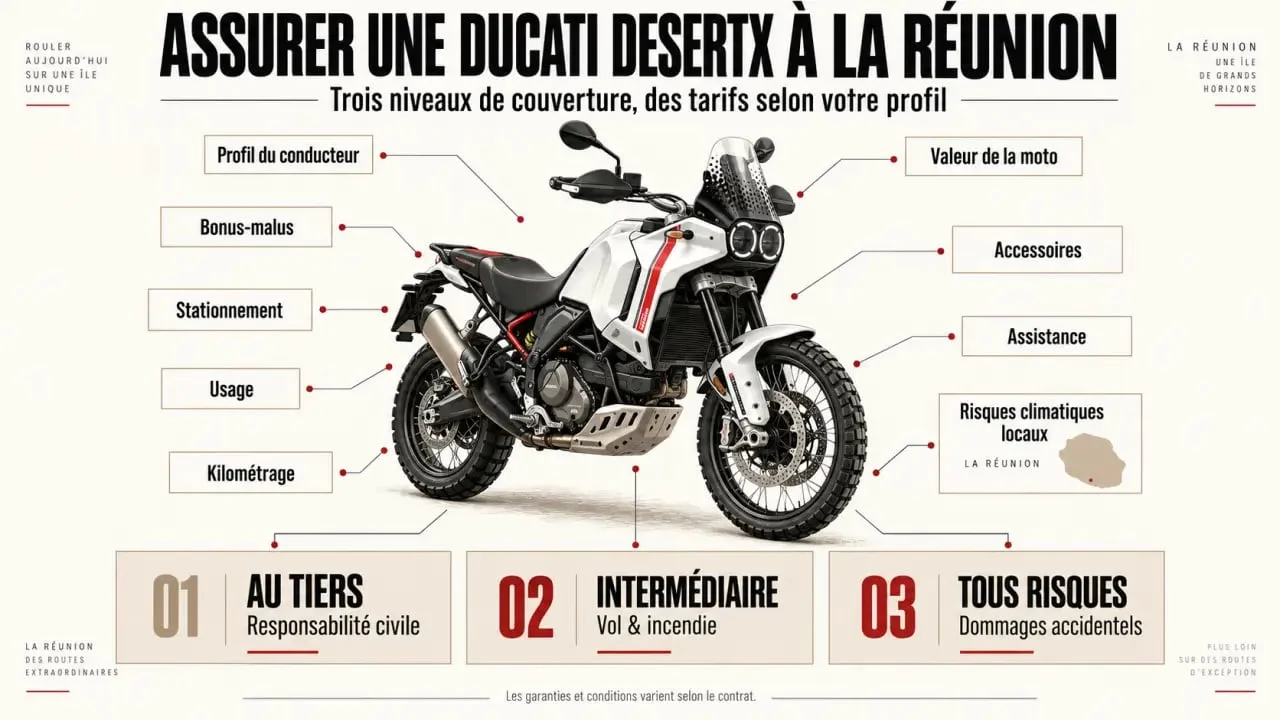 Prix assurance Ducati DesertX Réunion : niveaux de garanties et facteurs qui influencent le tarif