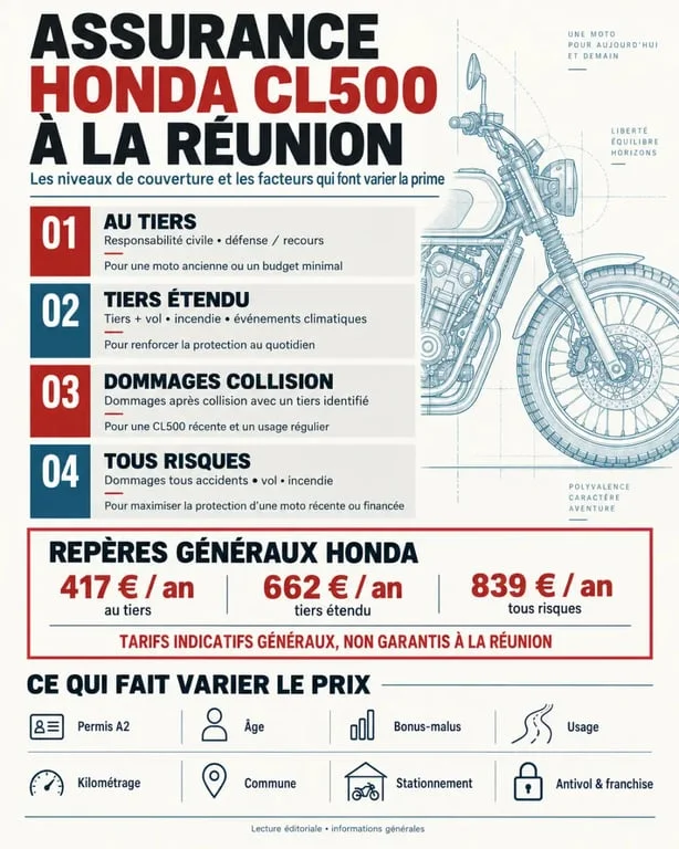 Infographie sur le prix assurance Honda CL500 Réunion et les niveaux de couverture
