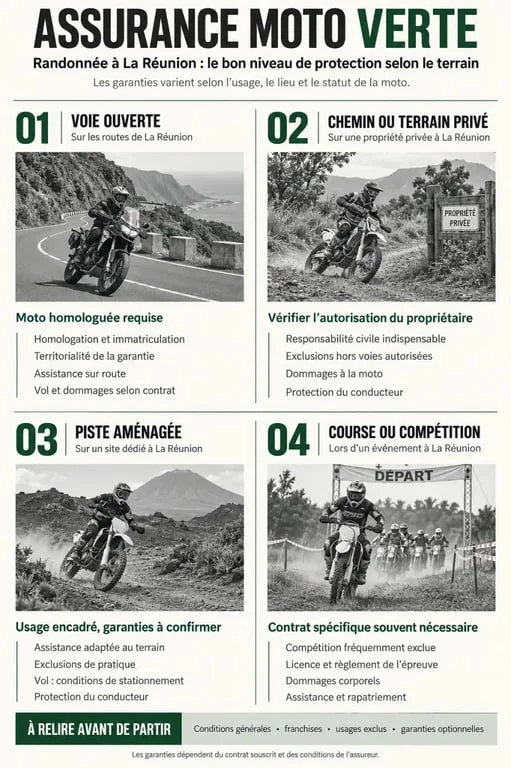 Assurance moto verte randonnée Réunion : garanties et exclusions selon le terrain