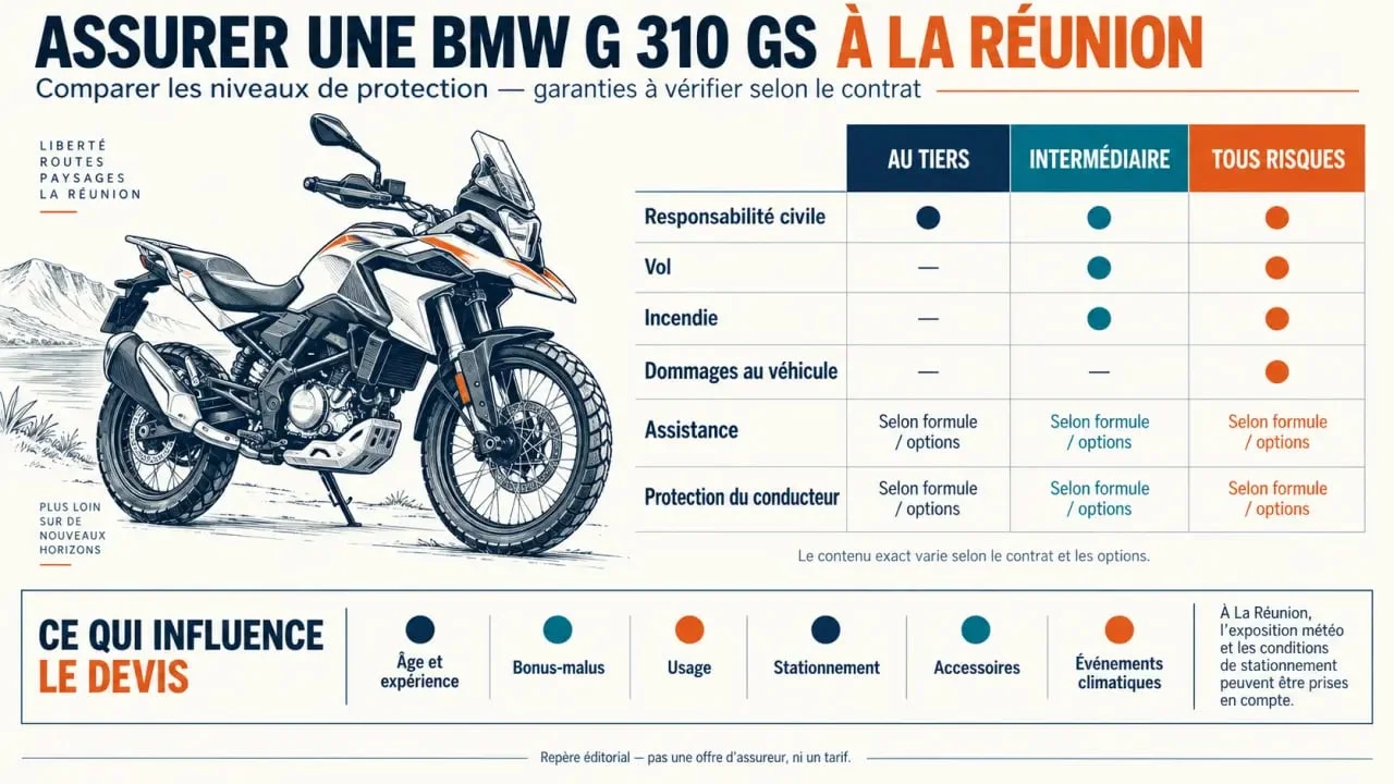 Infographie sur le devis assurance BMW G 310 GS à La Réunion et les niveaux de garanties
