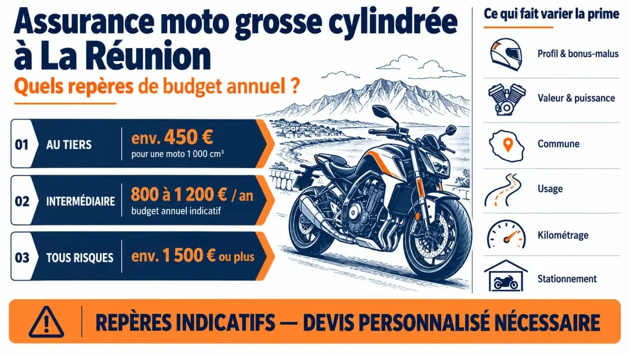 Infographie sur le tarif d’une assurance moto grosse cylindrée à La Réunion selon la formule et le profil