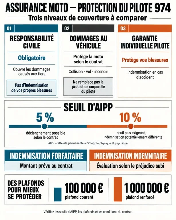 Infographie sur l’assurance moto protection du pilote 974 avec seuils d’AIPP et plafonds d’indemnisation
