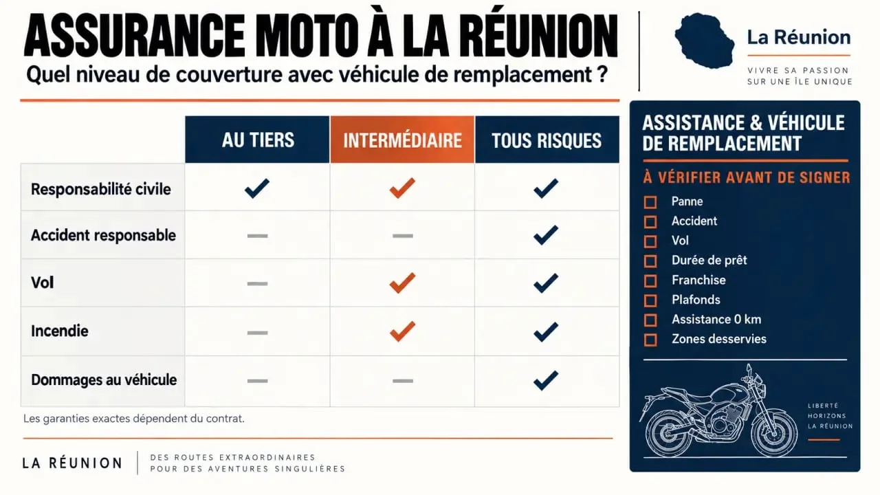 Infographie sur l’assurance moto véhicule de remplacement Réunion et les garanties à vérifier