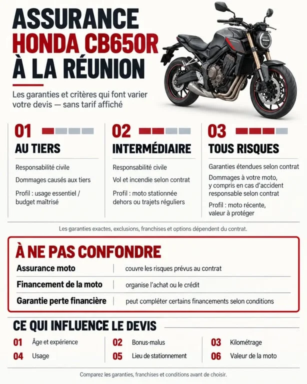 Prix assurance Honda CB650R à La Réunion : comparaison des garanties et facteurs du devis