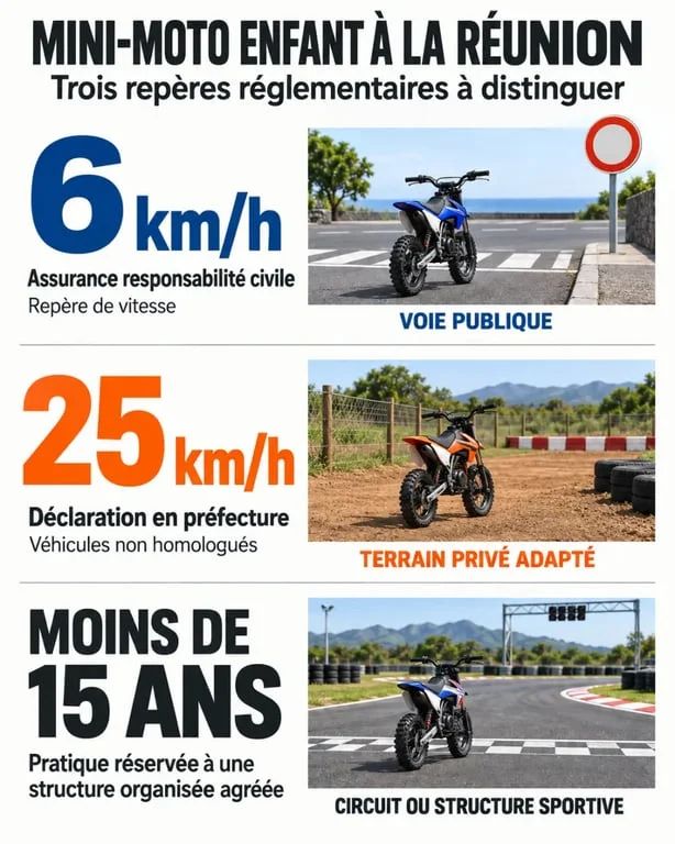 Assurance mini moto enfant Réunion : seuils de 6 km/h et 25 km/h et lieux de pratique autorisés
