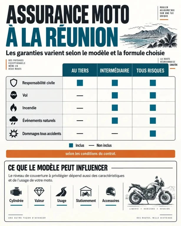 Infographie sur l’assurance moto par modèle à La Réunion et les niveaux de garanties