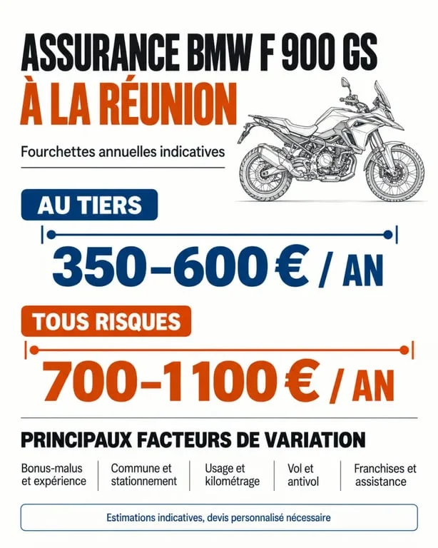 Prix assurance BMW F 900 GS à La Réunion : fourchettes indicatives et facteurs de variation