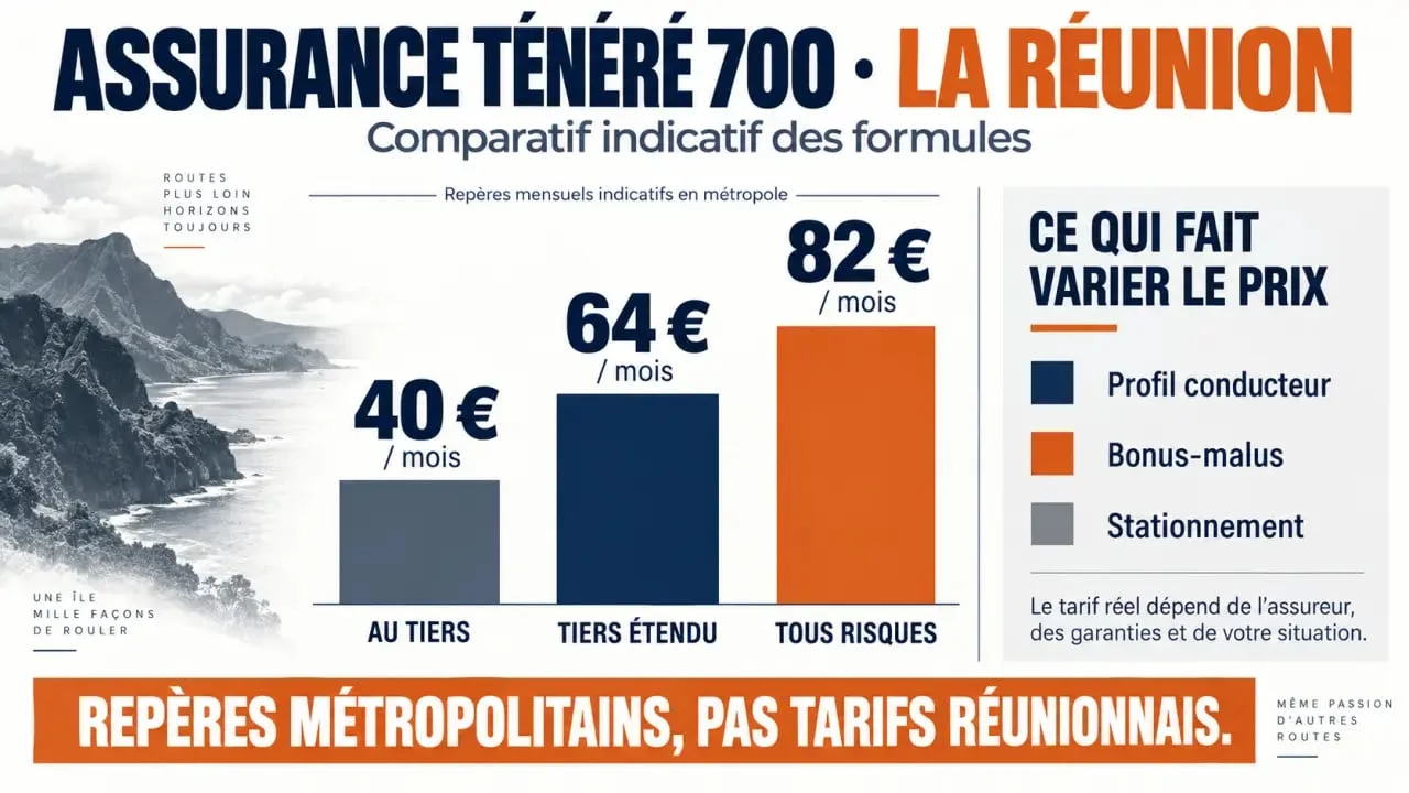 Infographie sur le prix assurance Ténéré 700 à La Réunion selon la formule et le profil du conducteur