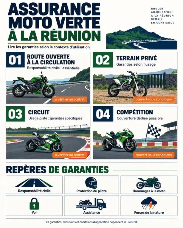 Infographie sur l’assurance moto verte à La Réunion selon l’usage sur terrain privé, circuit ou route