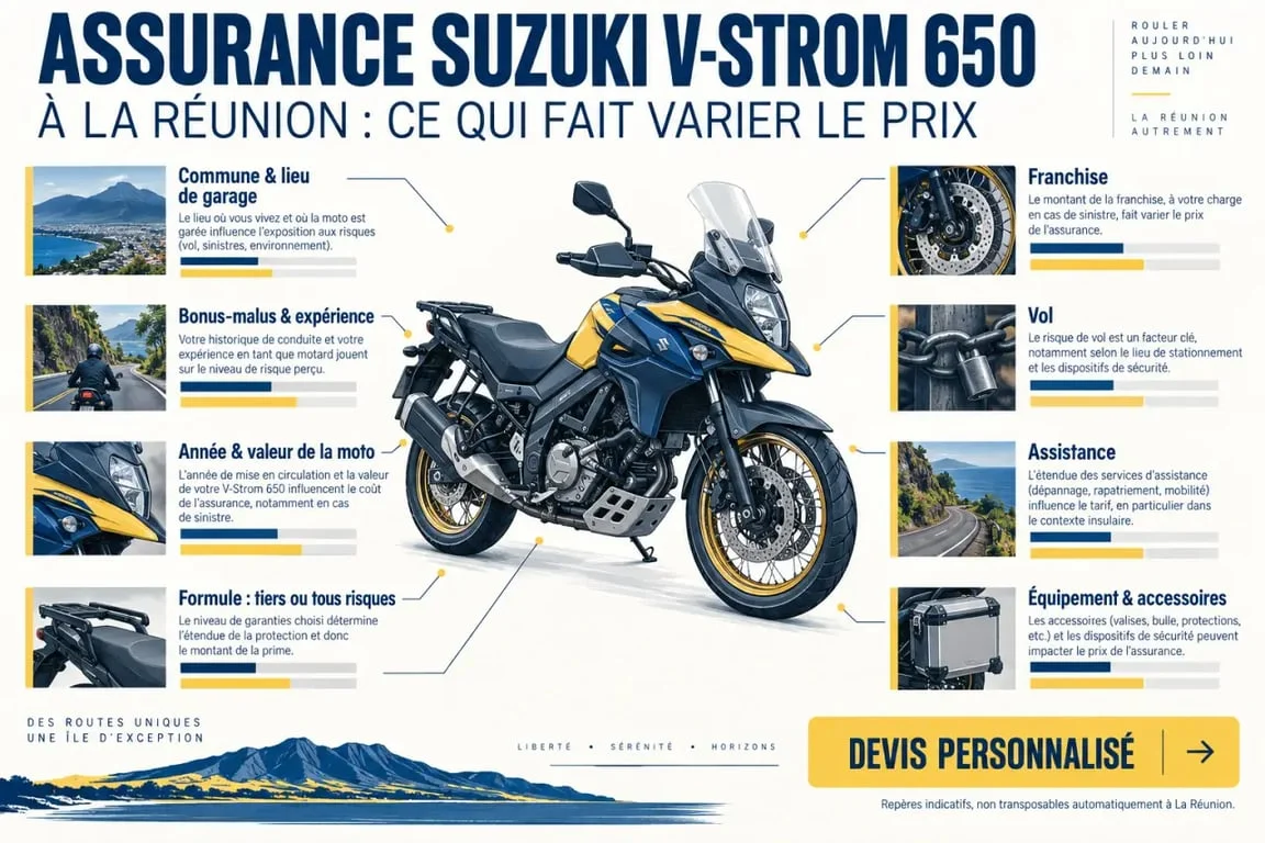 Infographie sur le prix assurance Suzuki V-Strom 650 à La Réunion et les facteurs qui influencent la cotisation