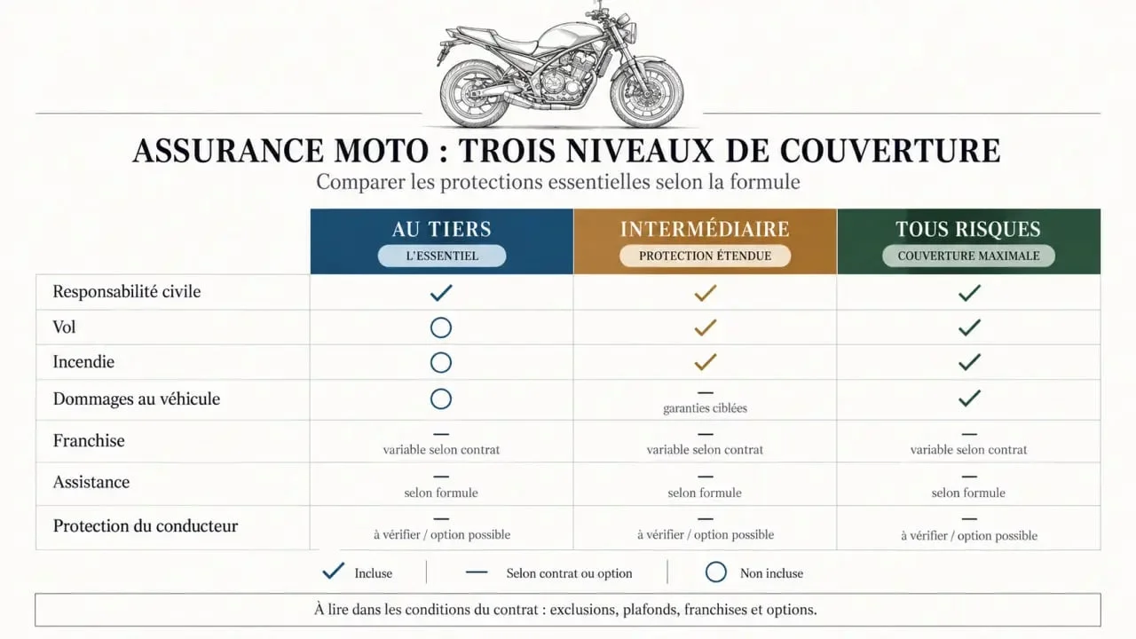 Infographie comparative pour un devis assurance moto verte réunion entre les formules au tiers, intermédiaire et tous risques
