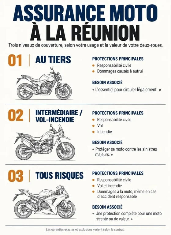 Devis assurance moto immédiat Réunion 974 : comparaison visuelle des formules au tiers, intermédiaire et tous risques