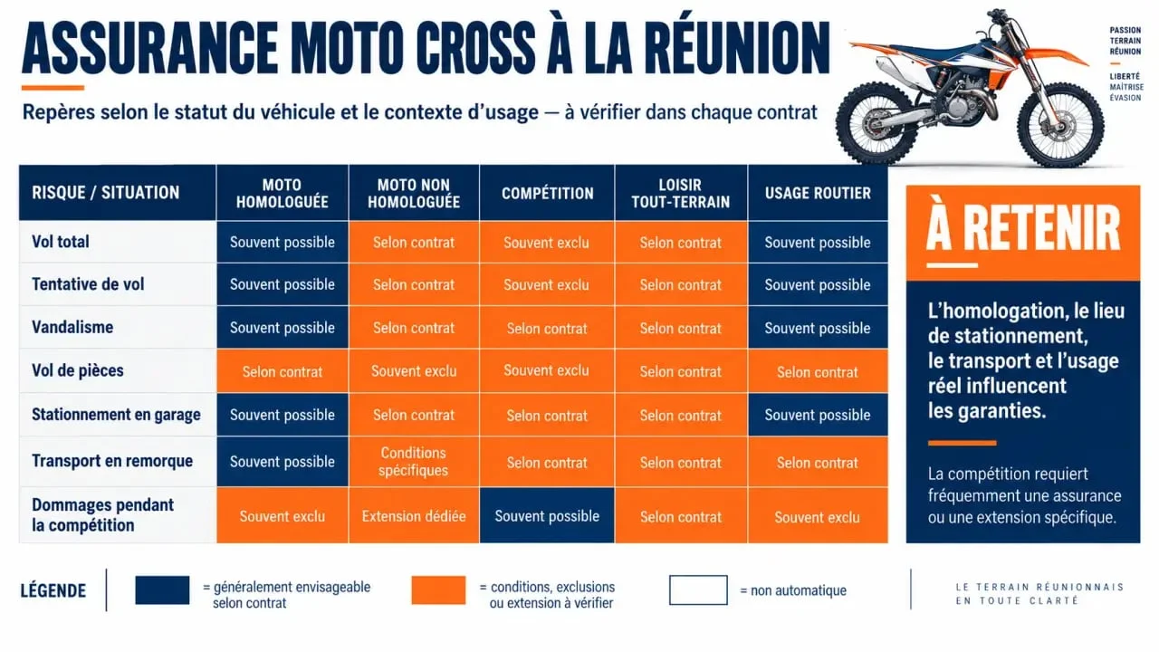 Assurance vol moto cross à La Réunion : garanties selon l’homologation et l’usage