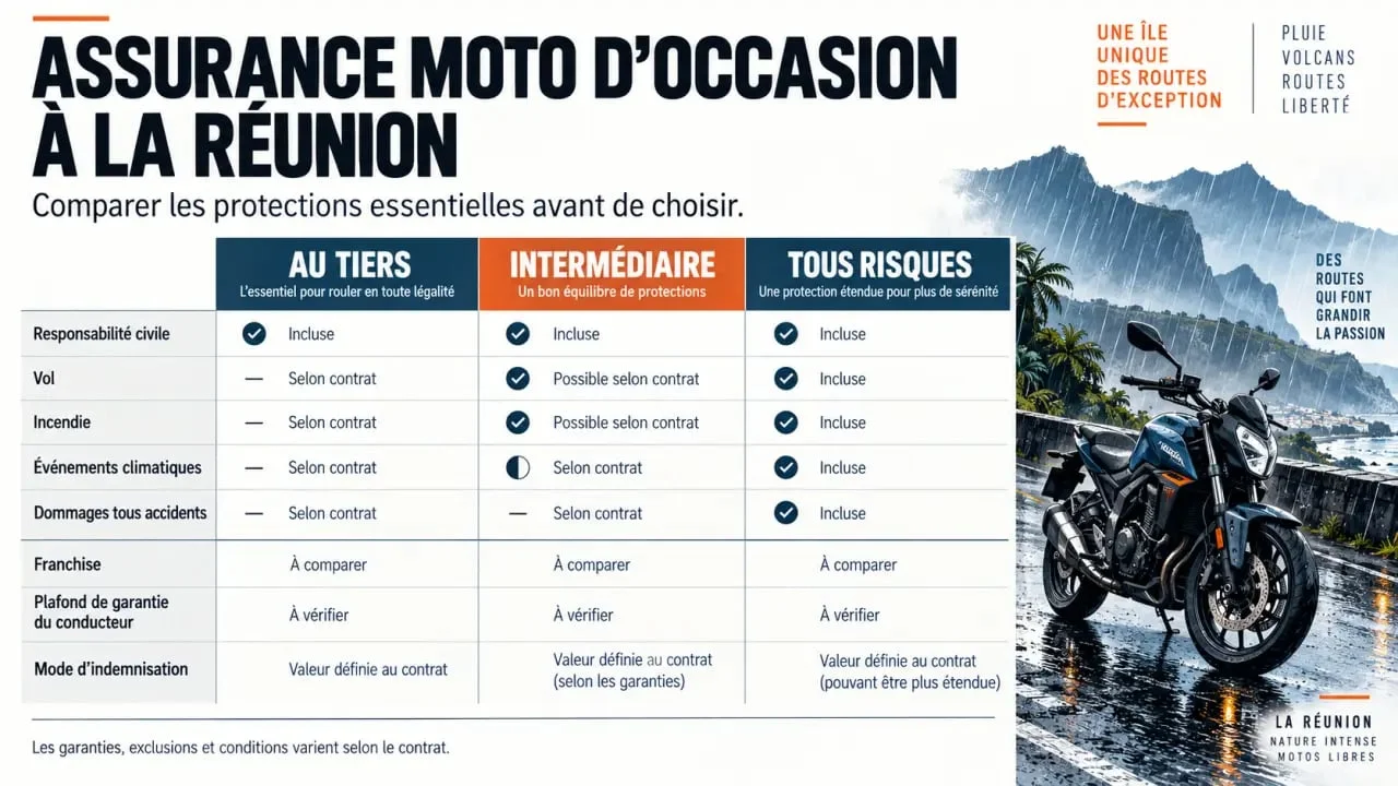 Assurance moto occasion réunion : comparaison visuelle des formules au tiers, intermédiaire et tous risques