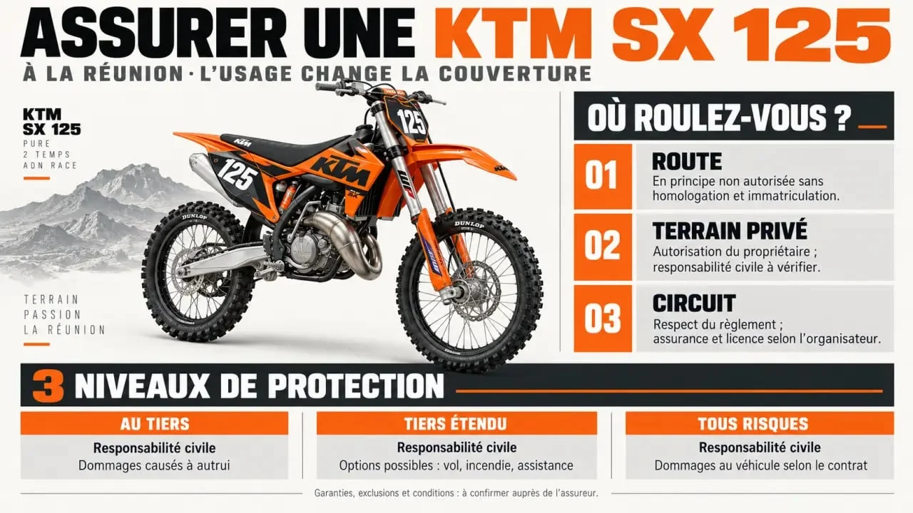 Infographie sur le devis d’assurance KTM SX 125 à La Réunion selon l’usage et la formule choisie