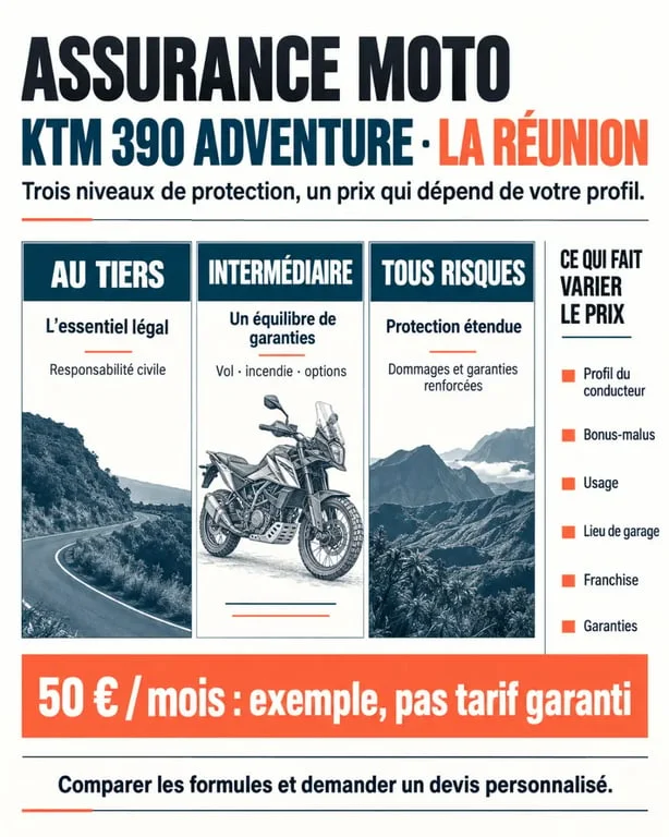 Infographie sur le prix d’une assurance KTM 390 Adventure à La Réunion et les formules de couverture